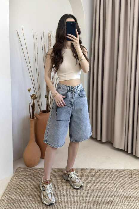 BELT DETAIL KNEE LENGTH WOMEN SHORTS GREY/GRI 