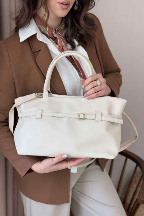 BELT DETAIL LEATHER WOMEN BAG CREAM/KREM - 5