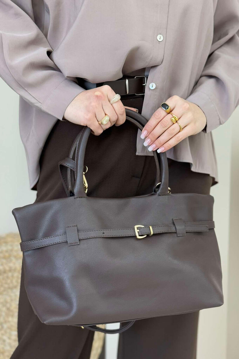 BELT DETAIL LEATHER WOMEN BAG DARK BROWN/KAE - 1