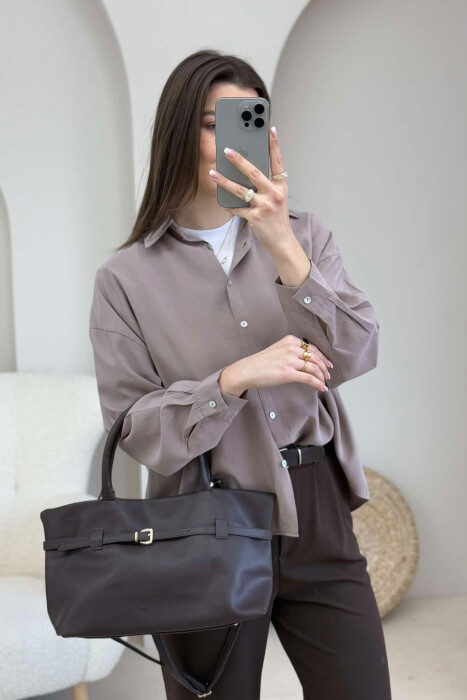 BELT DETAIL LEATHER WOMEN BAG DARK BROWN/KAE - 2