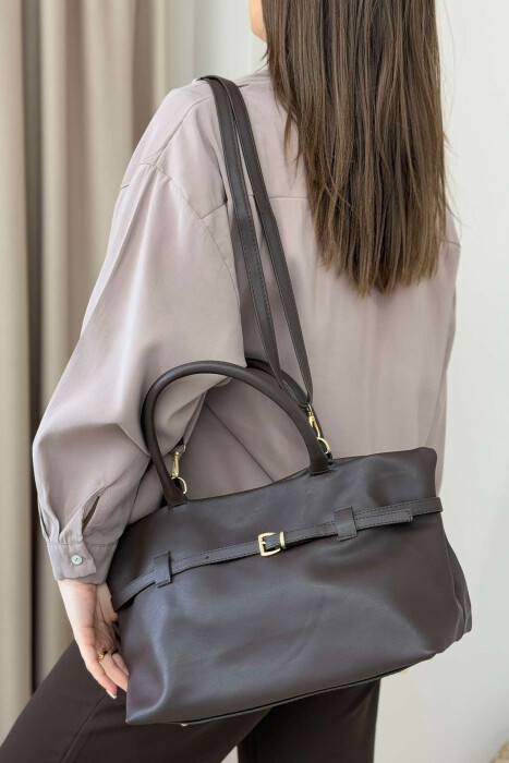 BELT DETAIL LEATHER WOMEN BAG DARK BROWN/KAE - 3