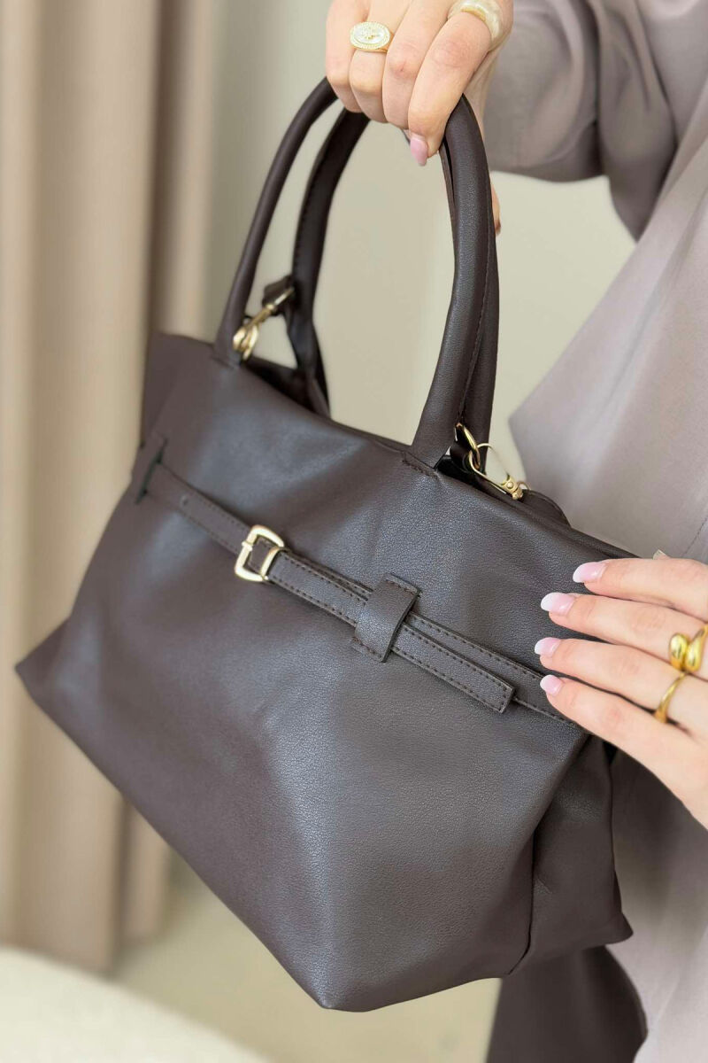 BELT DETAIL LEATHER WOMEN BAG DARK BROWN/KAE - 4