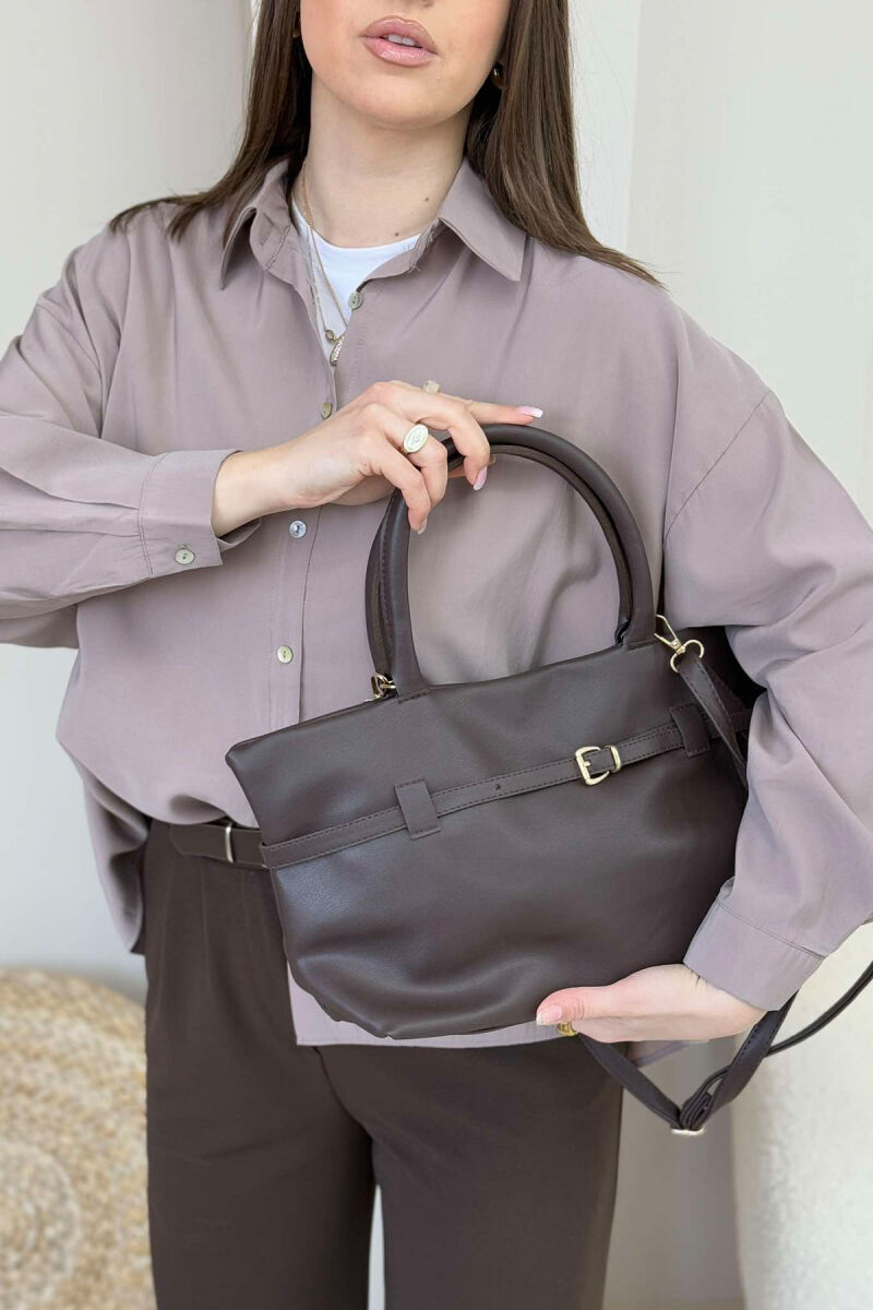 BELT DETAIL LEATHER WOMEN BAG DARK BROWN/KAE - 5