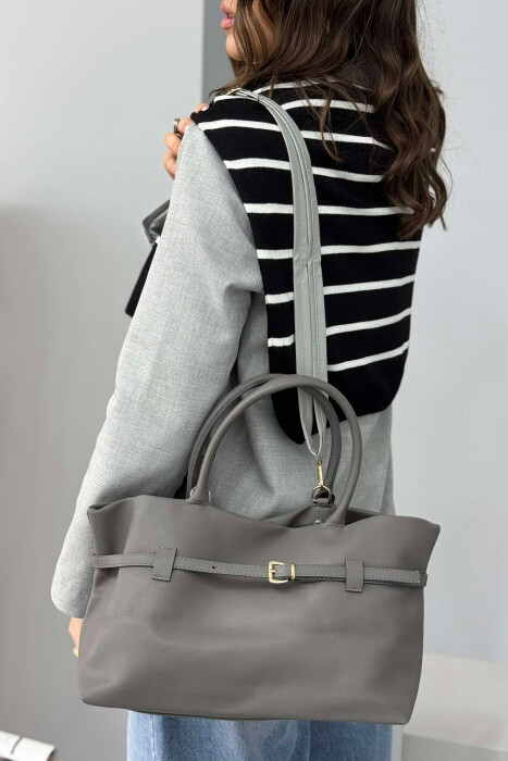 BELT DETAIL LEATHER WOMEN BAG GREY/GRI 