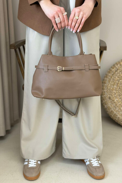 BELT DETAIL LEATHER WOMEN BAG LIGHT BROWN/KAZB - 3