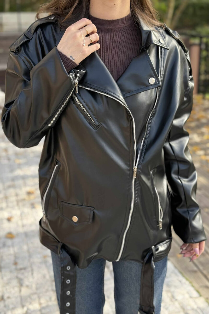 BELT DETAIL LEATHER WOMEN JACKET BLACK/ E ZEZE - 2