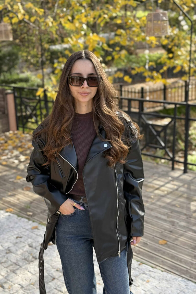 BELT DETAIL LEATHER WOMEN JACKET BLACK/ E ZEZE - 3