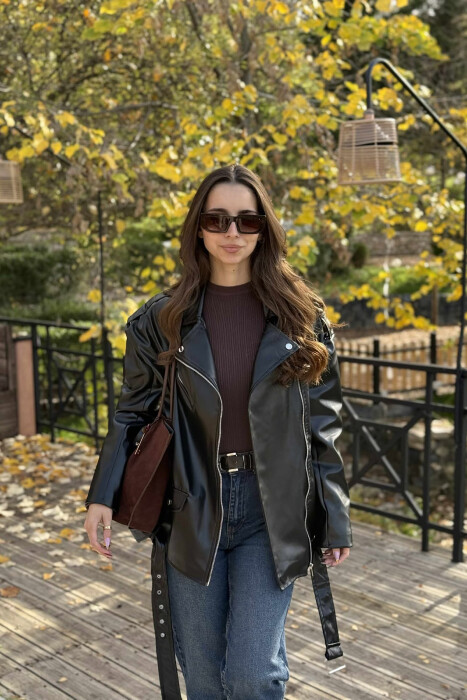 BELT DETAIL LEATHER WOMEN JACKET BLACK/ E ZEZE - 4