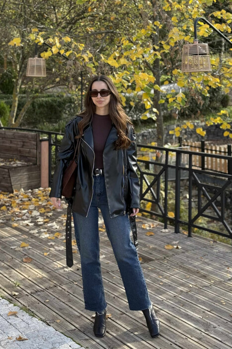 BELT DETAIL LEATHER WOMEN JACKET BLACK/ E ZEZE - KLAUDIO FASHION