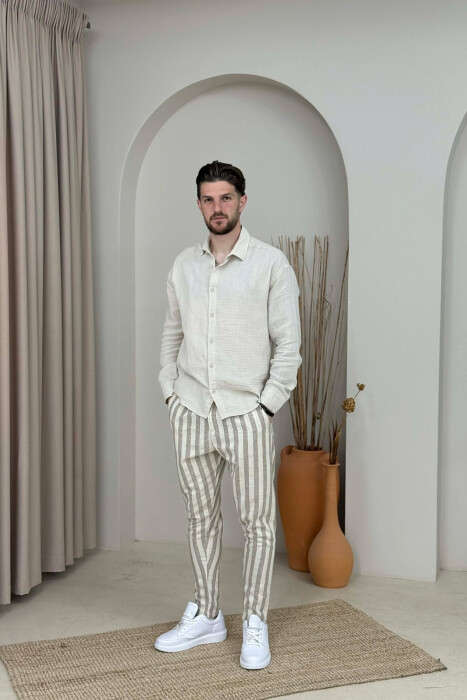 BELT DETAIL LINES DESIGN MEN PANTS BEIGE/BEZHE - KLAUDIO FASHION