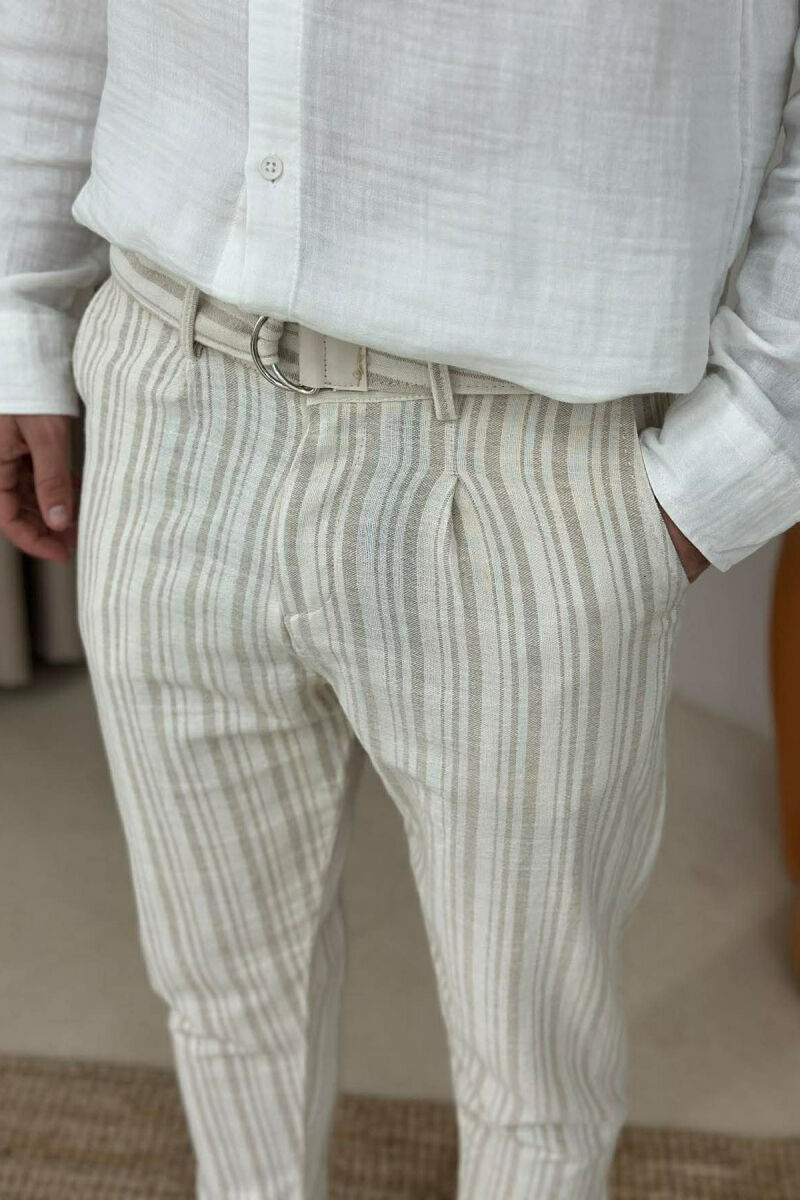 BELT DETAIL LINES DESIGN MEN PANTS BEIGE/BEZHE - 4