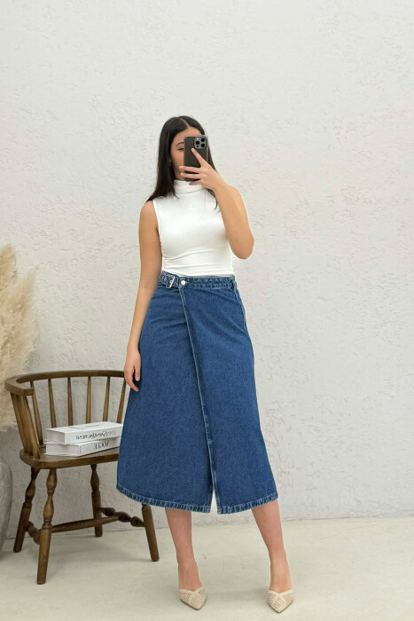BELT DETAIL LONG DENIM WOMEN SKIRT BLUE/BLU - KLAUDIO FASHION