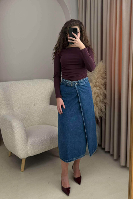 BELT DETAIL LONG DENIM WOMEN SKIRT BLUE/BLU - KLAUDIO FASHION