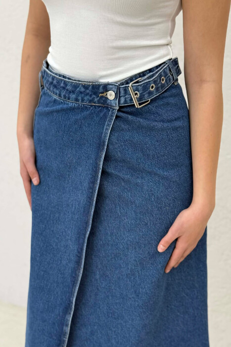 BELT DETAIL LONG DENIM WOMEN SKIRT BLUE/BLU - 5