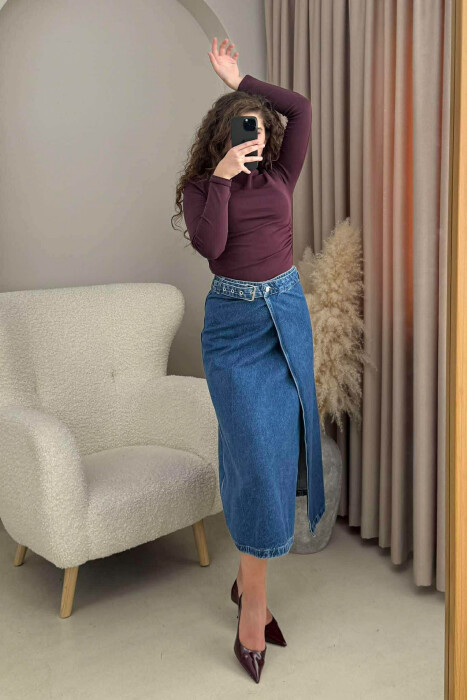 BELT DETAIL LONG DENIM WOMEN SKIRT BLUE/BLU - 4