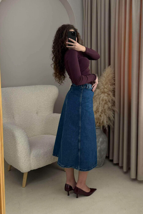 BELT DETAIL LONG DENIM WOMEN SKIRT BLUE/BLU - 5