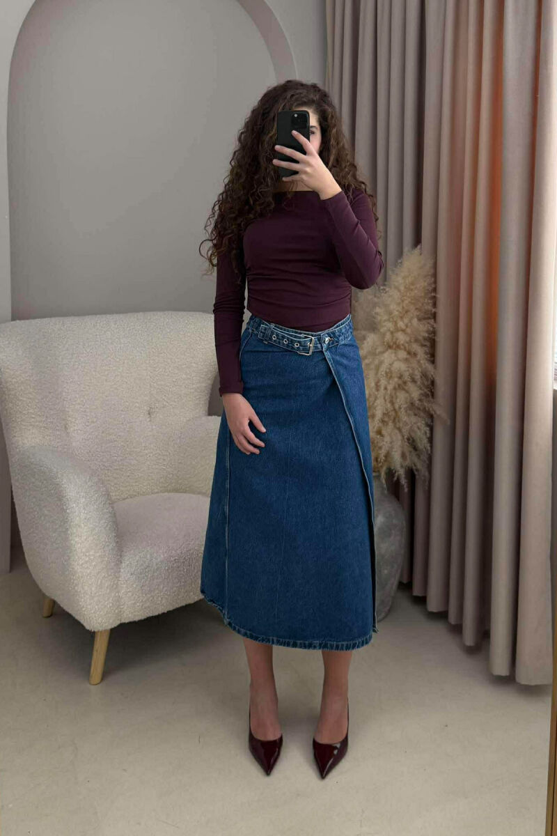 BELT DETAIL LONG DENIM WOMEN SKIRT BLUE/BLU - 2