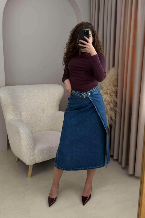 BELT DETAIL LONG DENIM WOMEN SKIRT BLUE/BLU - 3