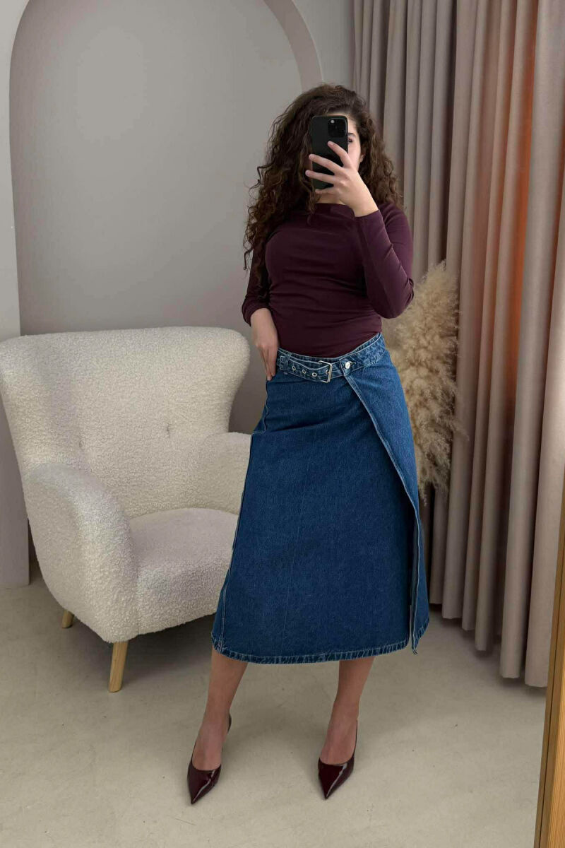 BELT DETAIL LONG DENIM WOMEN SKIRT BLUE/BLU - 3
