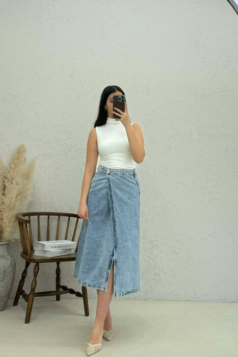 BELT DETAIL LONG DENIM WOMEN SKIRT LIGHTBLUE/BZ 