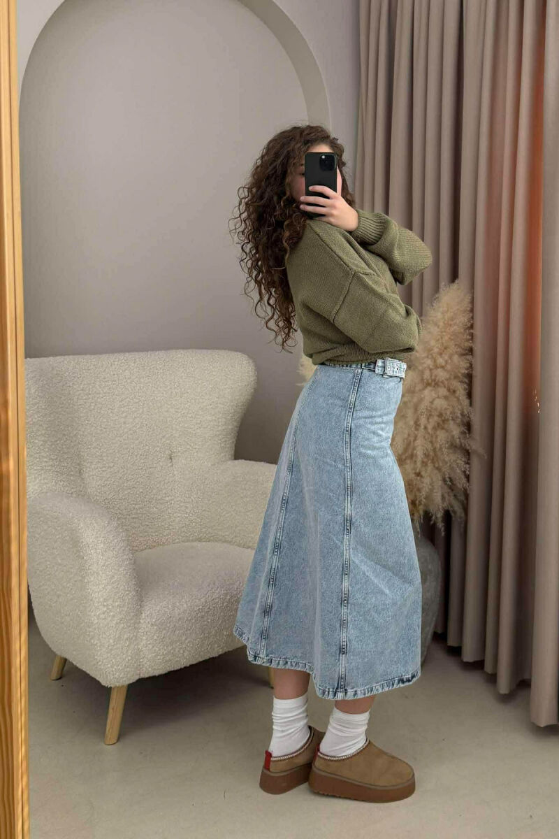 BELT DETAIL LONG DENIM WOMEN SKIRT LIGHTBLUE/BZ - 3