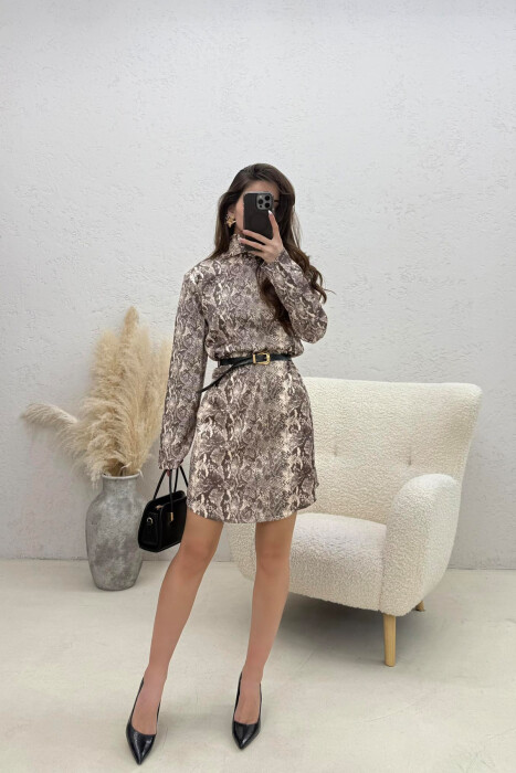 BELT DETAIL LONG SLEEVE WOMAN DRESS BROWN/KAFE - 1