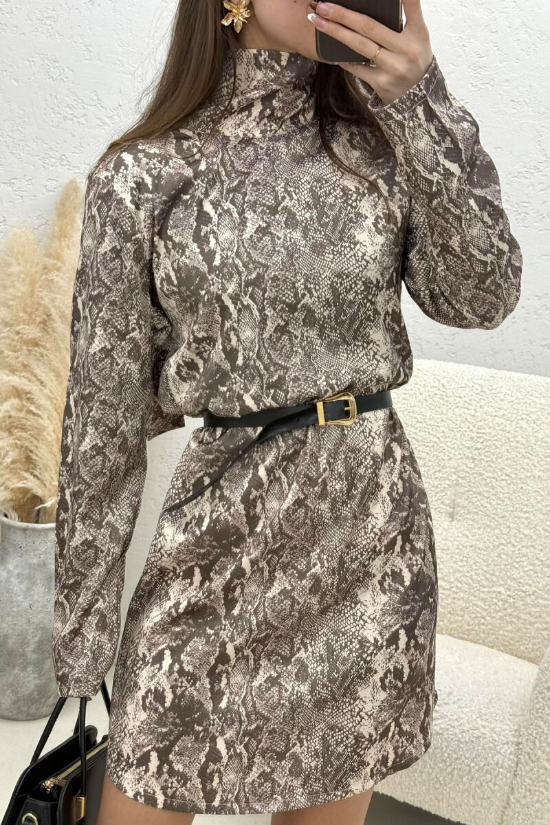 BELT DETAIL LONG SLEEVE WOMAN DRESS BROWN/KAFE - 3