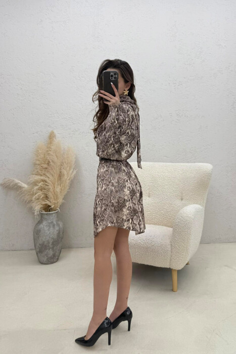 BELT DETAIL LONG SLEEVE WOMAN DRESS BROWN/KAFE - 4
