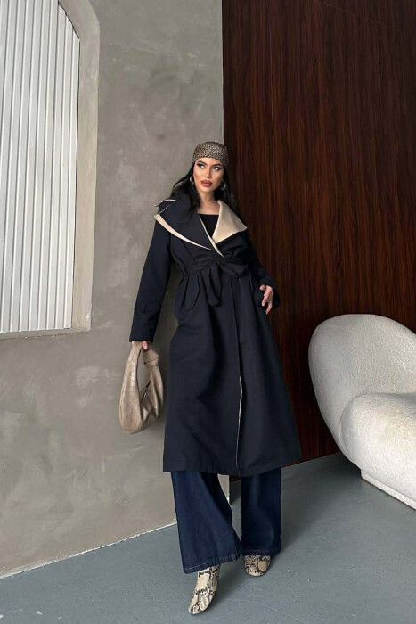 BELT DETAIL LONG WOMAN TRENCH COAT DARK BLUE/BEE - KLAUDIO FASHION