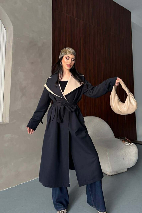 BELT DETAIL LONG WOMAN TRENCH COAT DARK BLUE/BEE - 2