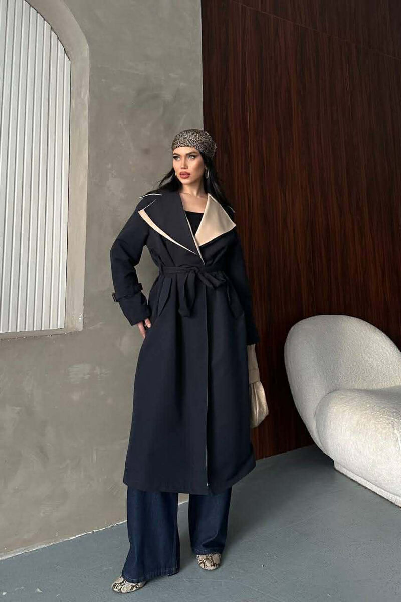 BELT DETAIL LONG WOMAN TRENCH COAT DARK BLUE/BEE - 3