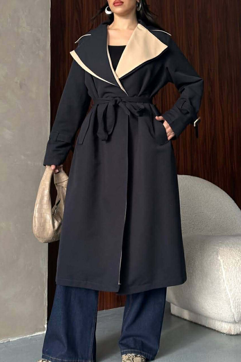 BELT DETAIL LONG WOMAN TRENCH COAT DARK BLUE/BEE - 4