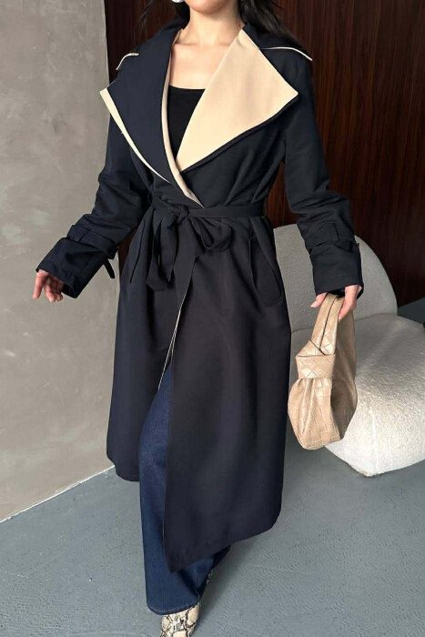 BELT DETAIL LONG WOMAN TRENCH COAT DARK BLUE/BEE - 5