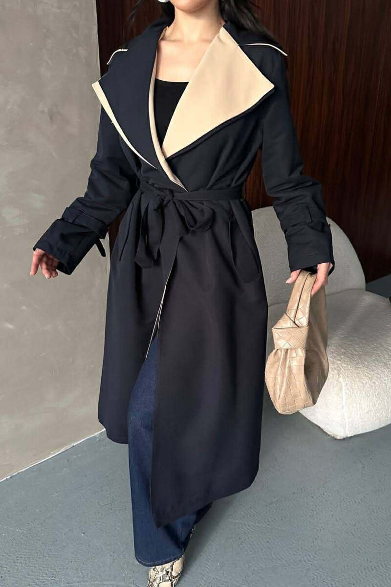 BELT DETAIL LONG WOMAN TRENCH COAT DARK BLUE/BEE - 5
