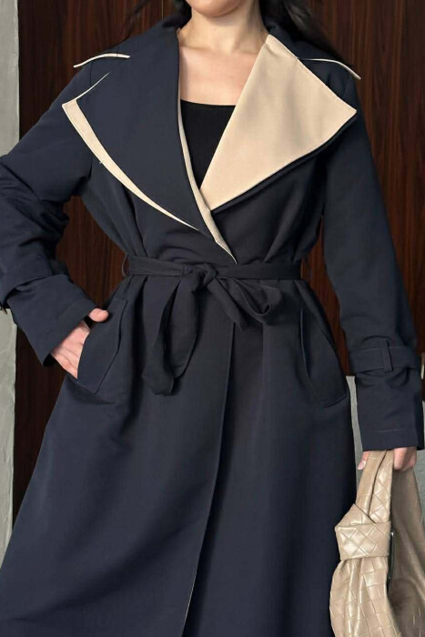 BELT DETAIL LONG WOMAN TRENCH COAT DARK BLUE/BEE - 6