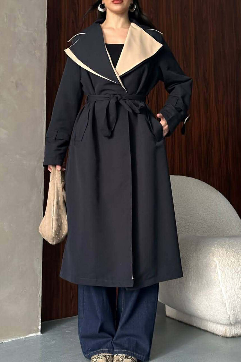 BELT DETAIL LONG WOMAN TRENCH COAT DARK BLUE/BEE - 7
