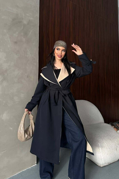 BELT DETAIL LONG WOMAN TRENCH COAT DARK BLUE/BEE - 8