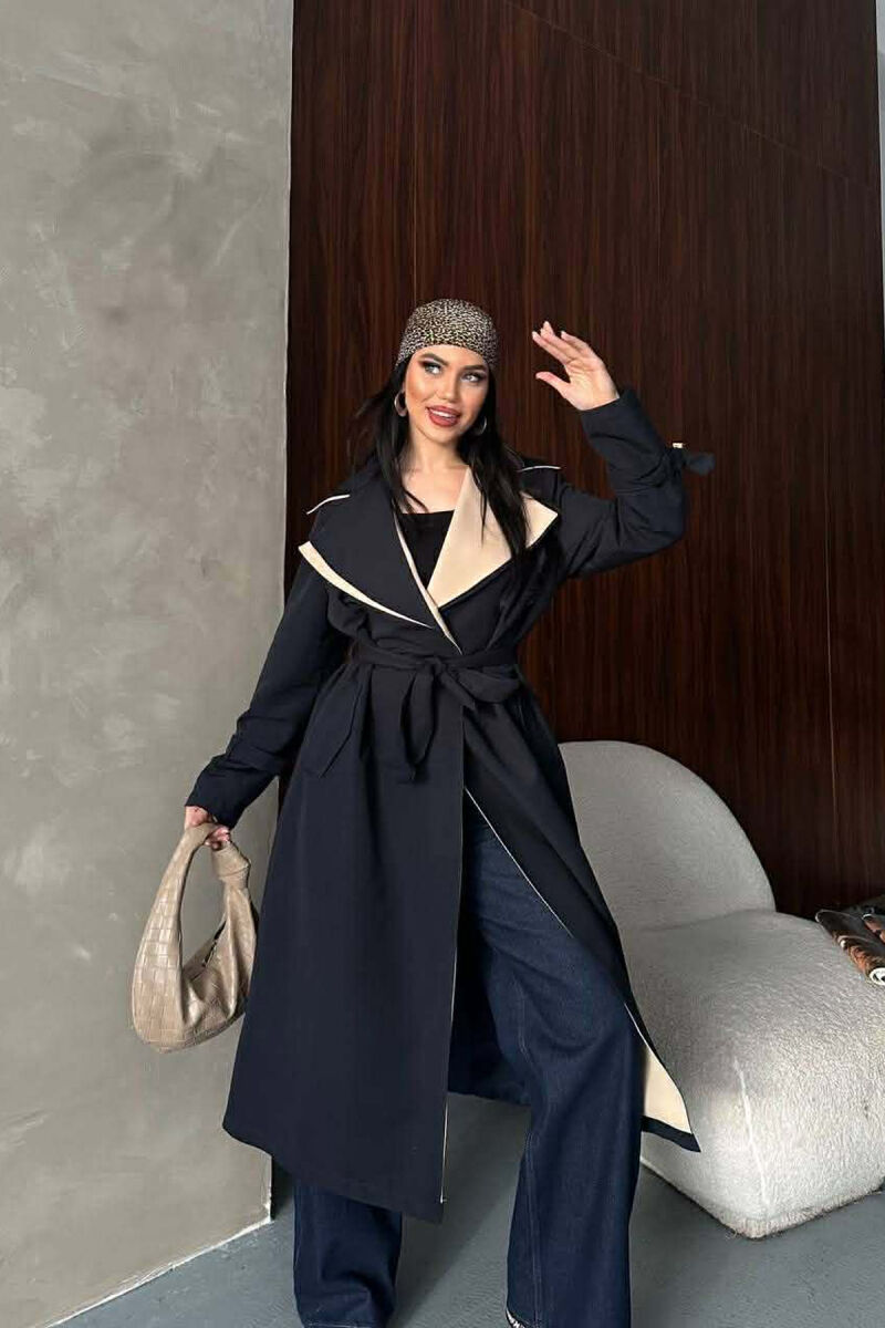 BELT DETAIL LONG WOMAN TRENCH COAT DARK BLUE/BEE - 8