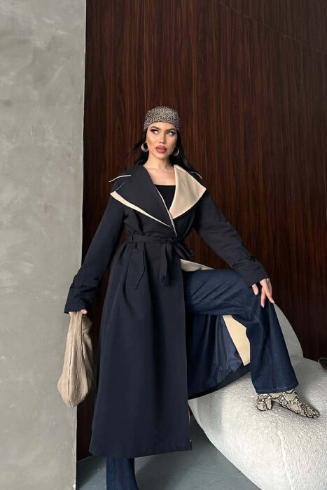 BELT DETAIL LONG WOMAN TRENCH COAT DARK BLUE/BEE - 9
