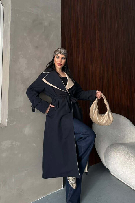 BELT DETAIL LONG WOMAN TRENCH COAT DARK BLUE/BEE - 10