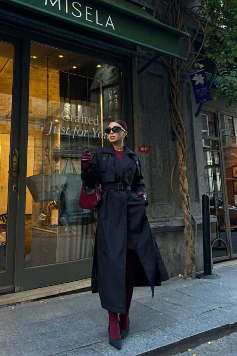 BELT DETAIL LONG WOMEN JACKET BLACK/ E ZEZE 