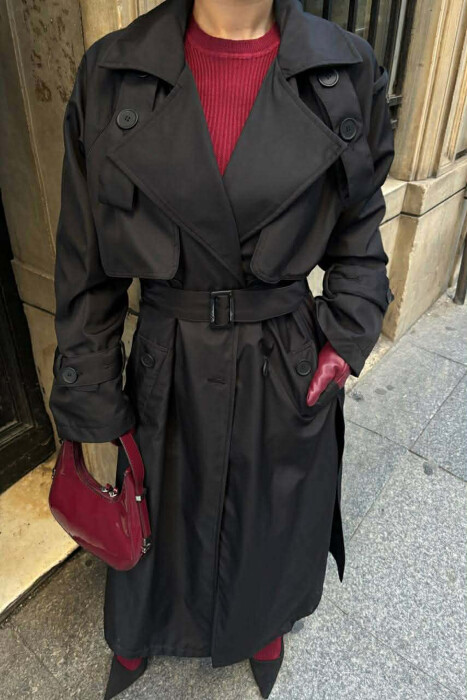 BELT DETAIL LONG WOMEN JACKET BLACK/ E ZEZE 