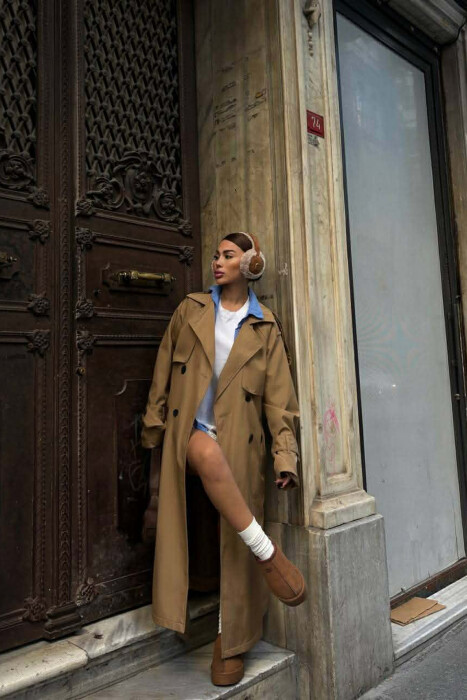 BELT DETAIL LONG WOMEN JACKET LIGHT BROWN/KAZB 