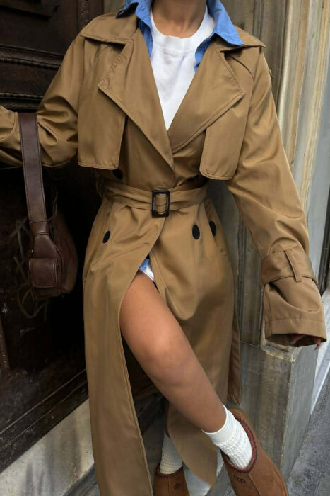 BELT DETAIL LONG WOMEN JACKET LIGHT BROWN/KAZB 