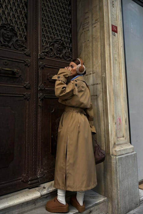 BELT DETAIL LONG WOMEN JACKET LIGHT BROWN/KAZB - 5