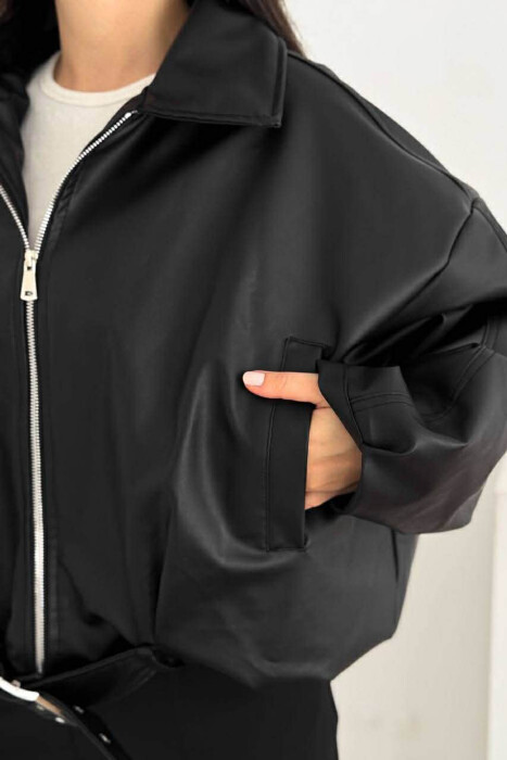 BELT DETAIL ONE COLOR LEATHER WOMEN JACKET BLACK/ E ZEZE - 2