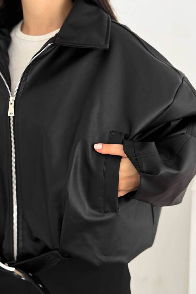 BELT DETAIL ONE COLOR LEATHER WOMEN JACKET BLACK/ E ZEZE - 2