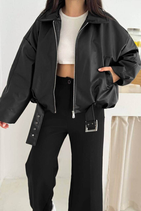 BELT DETAIL ONE COLOR LEATHER WOMEN JACKET BLACK/ E ZEZE 