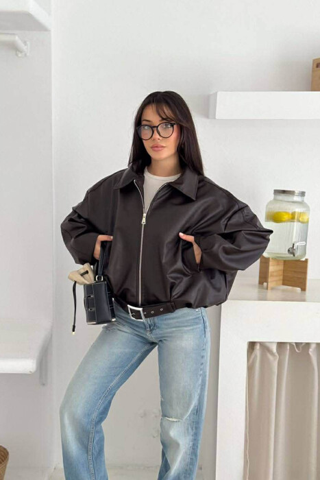 BELT DETAIL ONE COLOR LEATHER WOMEN JACKET DARK BROWN/KAE - 2