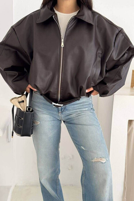 BELT DETAIL ONE COLOR LEATHER WOMEN JACKET DARK BROWN/KAE - 5